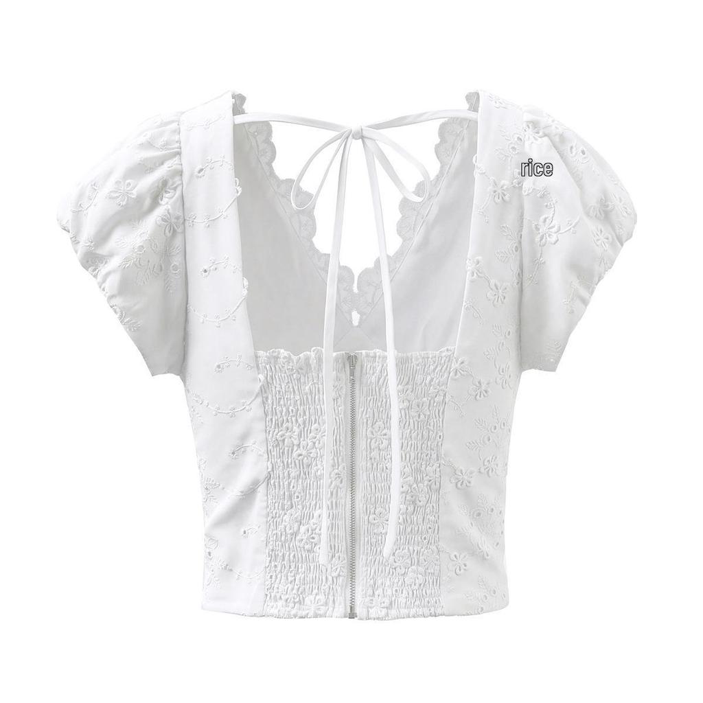 Women's French Lace V-Neck Short-Sleeve Shirt: Sweet, Slim-Fit Summer Top