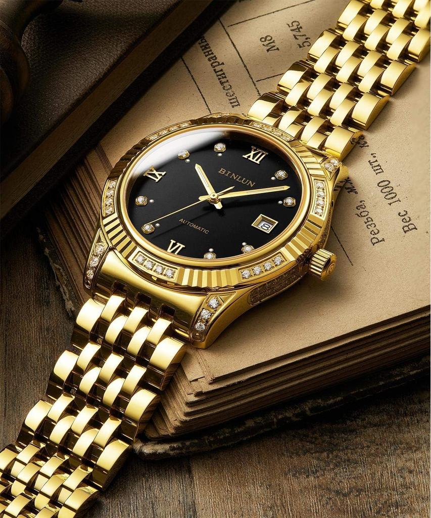 BINLUN Automatic Mechanical Watch with Manual Gold Date Luxury Sapphire Crystal Men's Winding, Diamonds, Display, Watch, Simple, Stylish, Elegant,