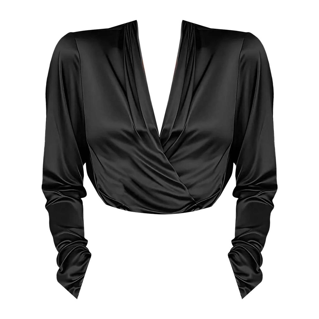 Women's Fashionable Solid Color V-neck Long Sleeved Pullover Casual Versatile Shirt Top