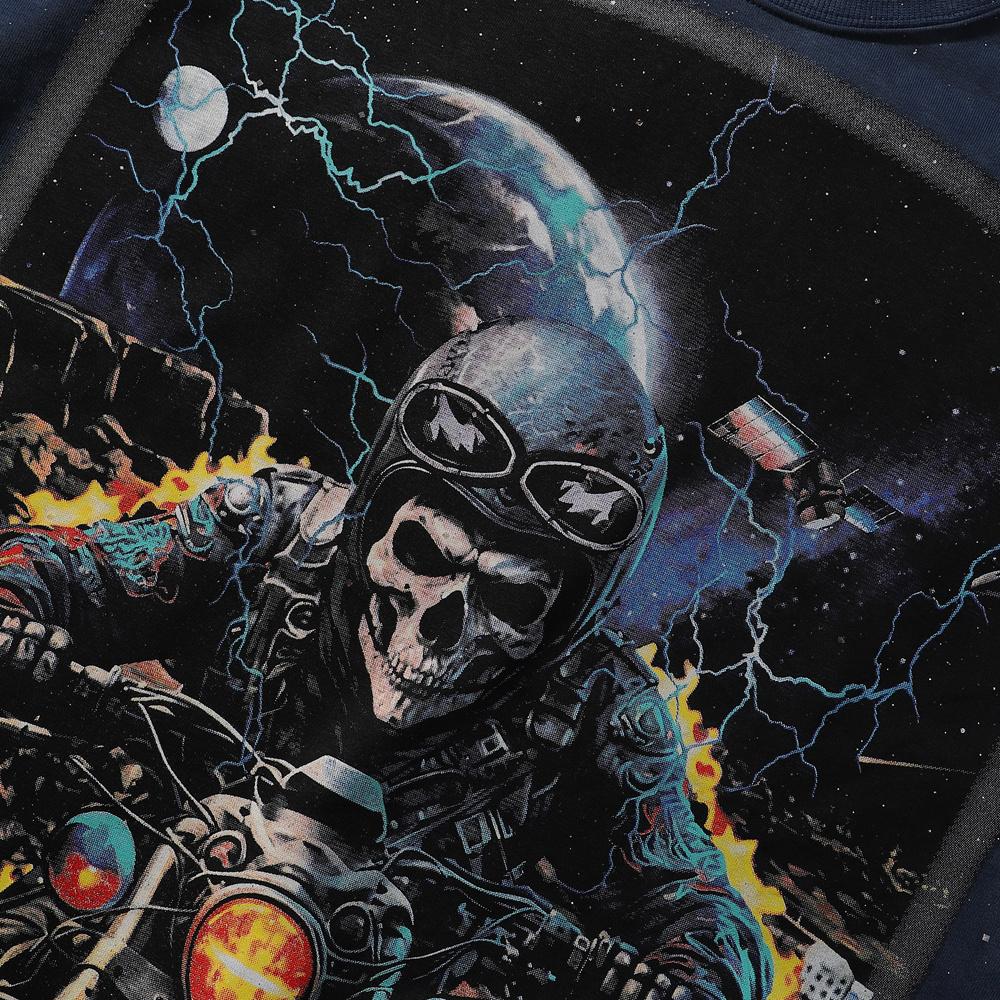 2026 Summer Men's Oversize T-Shirt, Skull Biker Rider Print Space Lightning Dark Street Short Sleeve Tee