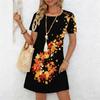 Women's Fashion Graceful Beautiful  Maple Leaves and Flowers Colorful Flowers and Small Grass Print Summer Spring Short Sleeve O-Neck Casual Dresses