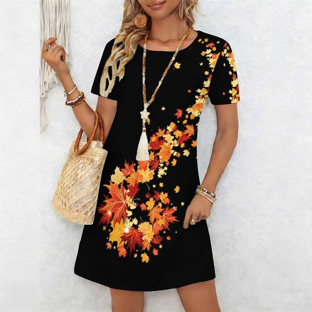Women's Fashion Graceful Beautiful Maple Leaves and Flowers Colorful Flowers and Small Grass Print Summer Spring Short Sleeve O-Neck Casual Dresses