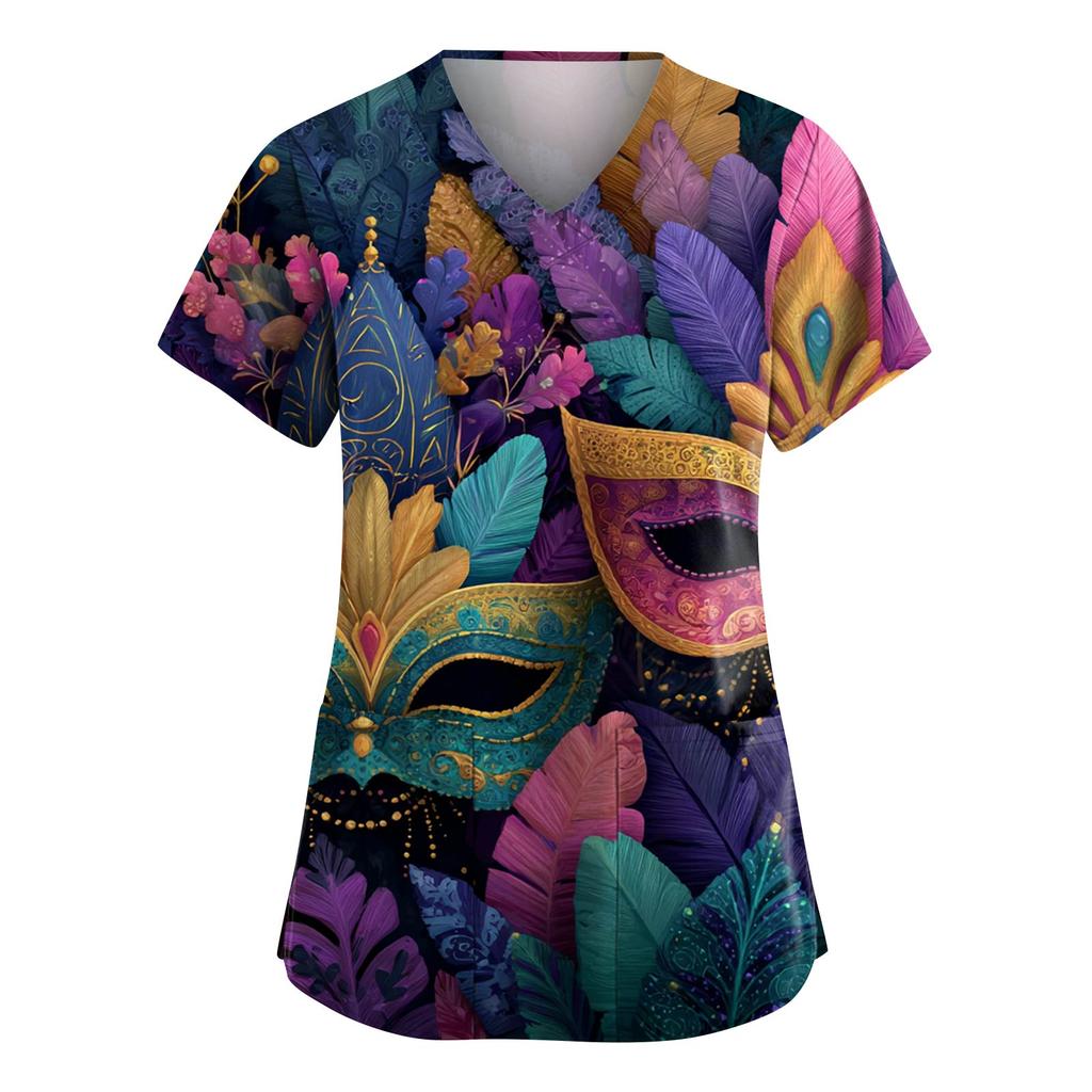 Damenmode V-Ausschnitt Kurzarm Arbeitskleidung mit Taschen Karnevals-Print Oberteil Pflegeuniform