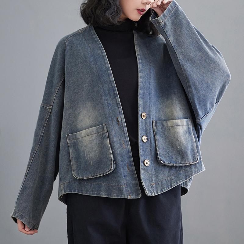 2026 Spring Autumn Shirt Denim Coat Casual Long Sleeve V-Neck Shirt Women Buttons Loose Solid Color Patchwork Design Vintage Tops