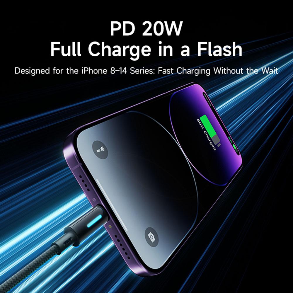 Cablu BASEUS Lit 1m Type C la iP PD 20W Încărcare Rapidă Nailon Împletit cu Lumină Dinamică