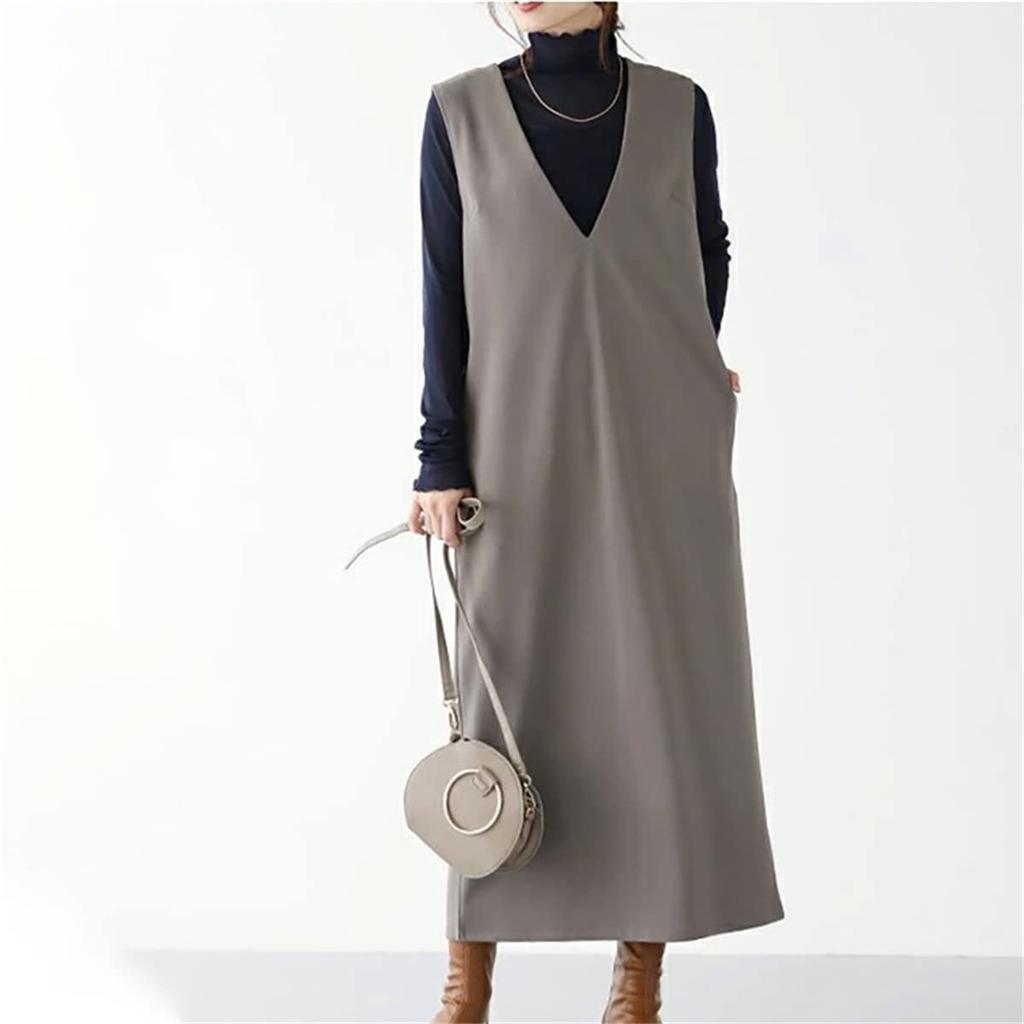 LIUZHONGQIN Women's Long Dress, Jumper Skirt, Overall Skirt, Double-Neck, Available In 5 Stylish Solid Colors (Duck Gray, Size M)