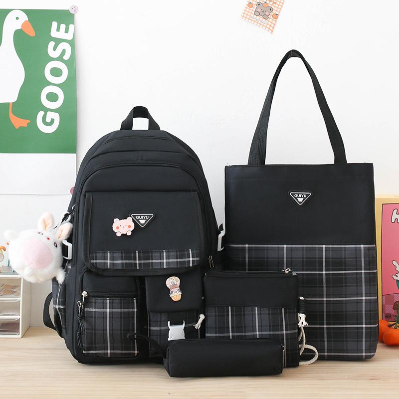 

Student schoolbag, small and fresh plaid pencil case, large capacity for primary school students, lightweight and burden-reducing backpack чорний
