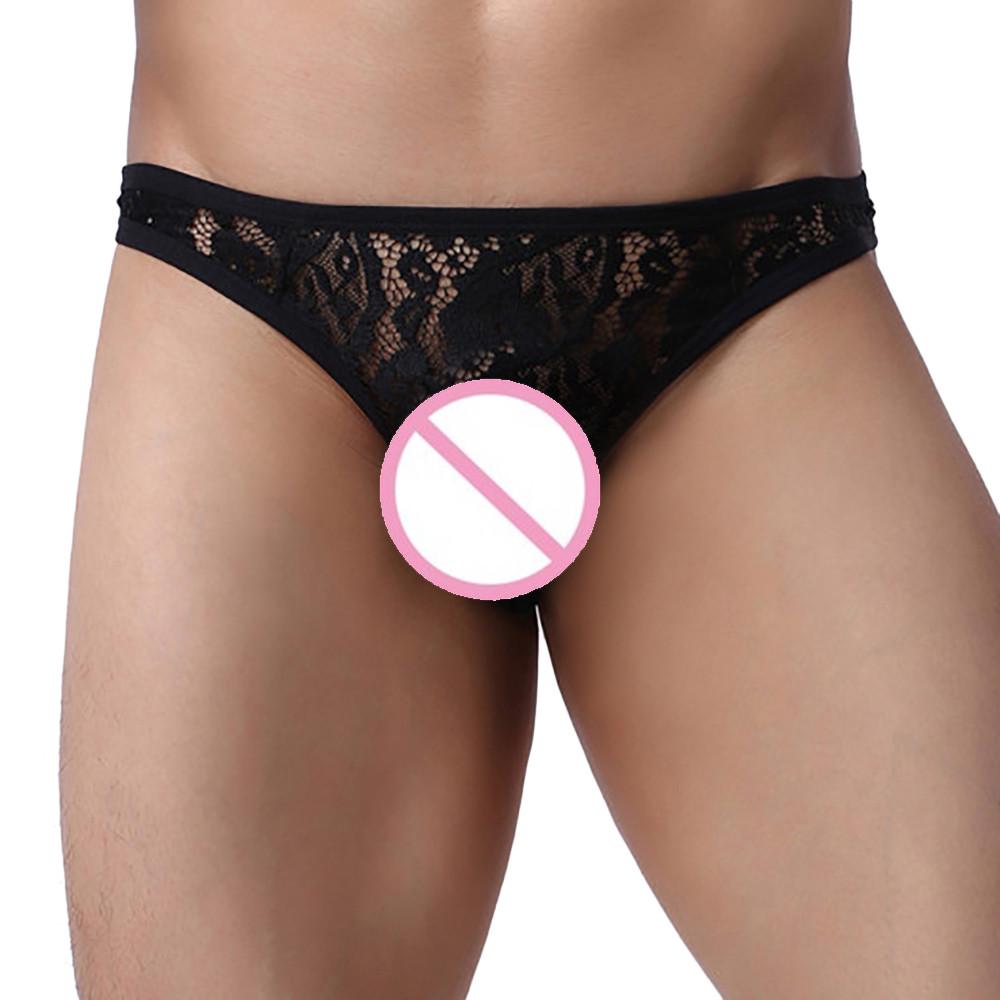 Mens  Underwear Lace Thong Enhance Pouch Patchwork G-String Briefs Pants