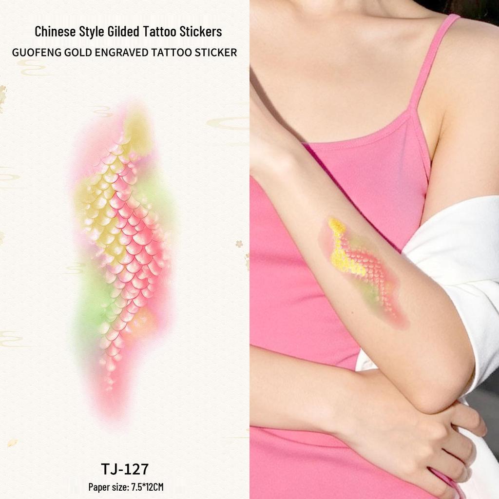 Chinese Style Waterproof Phoenix & Koi Tattoo Sticker - Long-lasting, Aesthetic Dunhuang Design for Arm & Collarbone