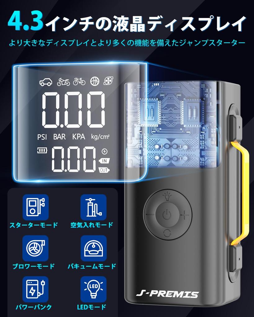 21800mAh Jump Starter for 12V Electric Air Pump with Maximum Pressure of 150 Fast Blower Vacuum Jump Engine 4000A Peak USB LED Emergency Air