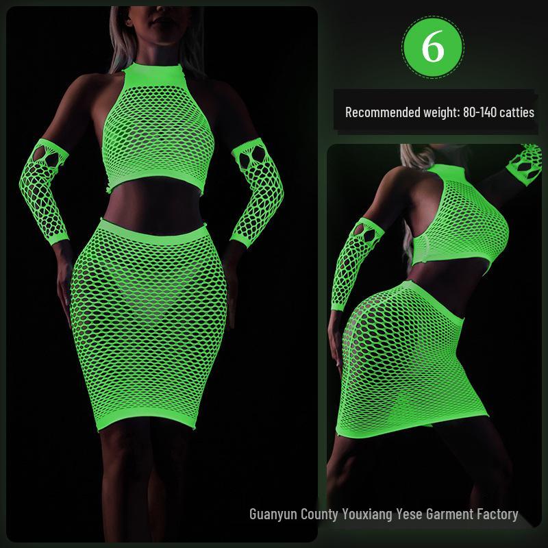 Linlinting Plus Size Glow-in-the-Dark Fishnet Bodystocking with Luminous Bandeau and Socks