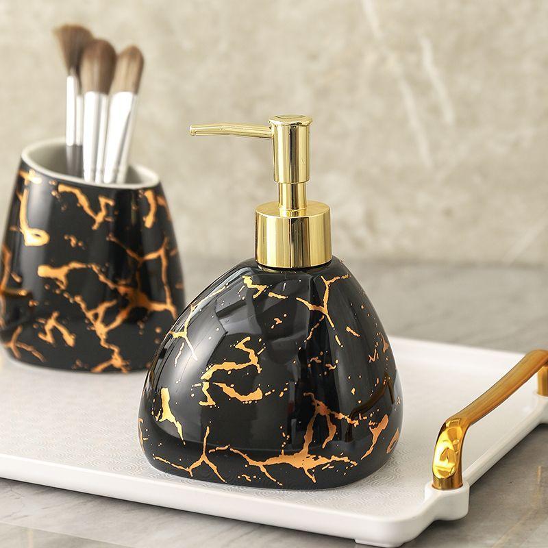 Exquisite Gold Plated Black Ceramic Bathroom Set Lotion Bottle Soap Dispenser Household Mouthwash Cup Dish Bathroom Accessories