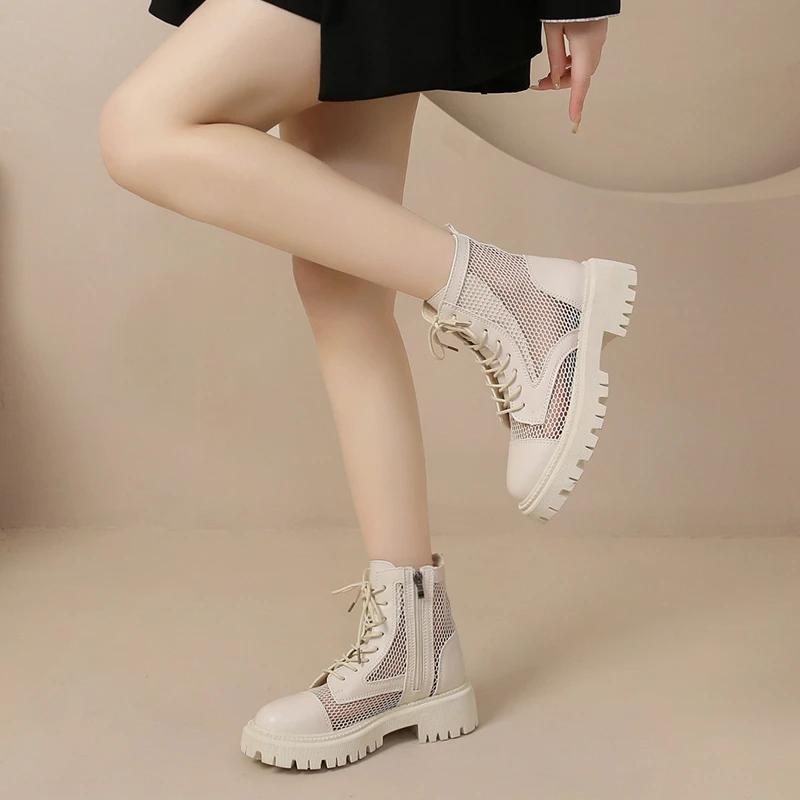 Women's Sandals Summer New Medium Heel Mesh Fabric Side Zipper Cool Boots Fashion Temperament Breathable Single Shoes