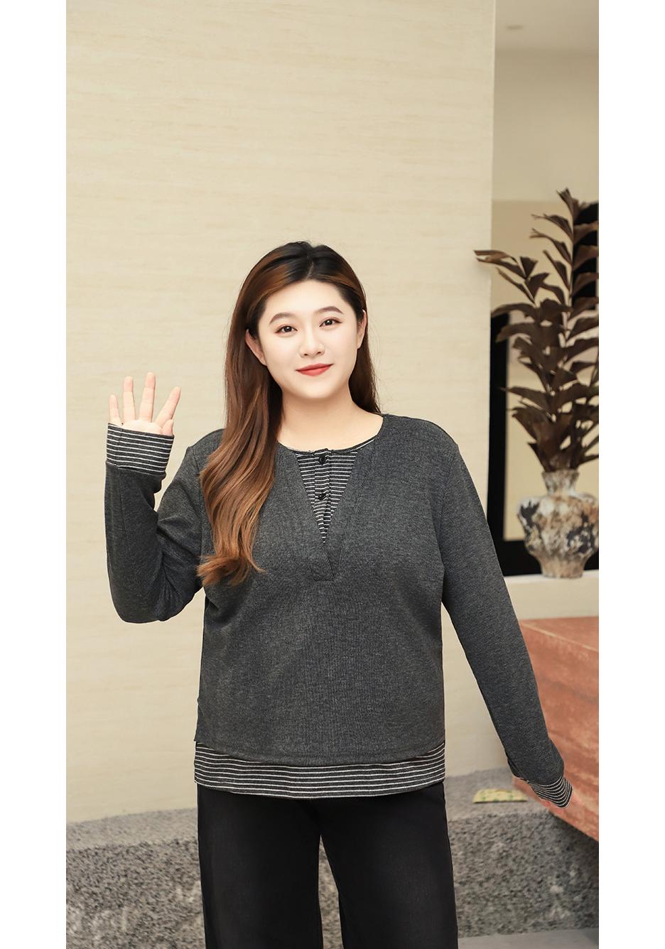 

Plus Size Skin-Friendly Two-Piece Look Striped Color Block High Elastic Long Sleeve Women s Shirt 4XL (Weight: 140-160 Jin) темно-серого