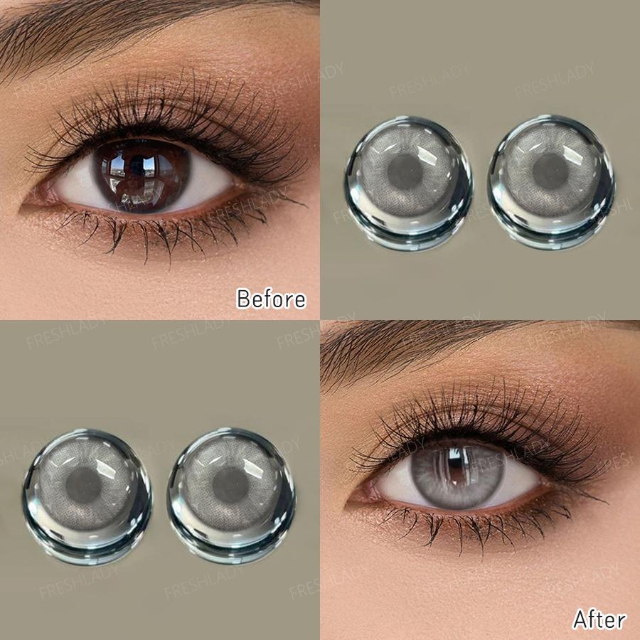 Freshlady 1 Pair 2pc 14.20mm Yearly Disposable Colored Contact Lenses, Comfortable Soft Lenses in Green, Blue, Gray, Silver-Gray for Makeup