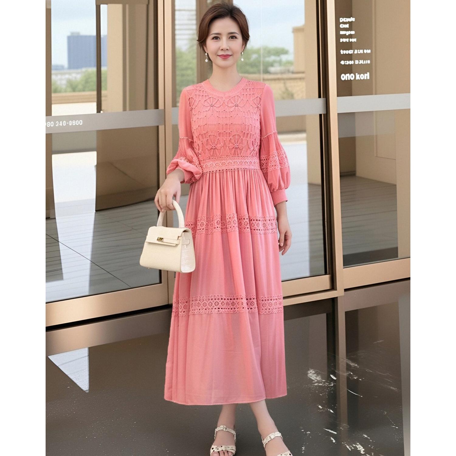 

Elegant Navy Blue Maxi Dress - Sophisticated and Relaxed Fit for Middle-Aged Women, Plus Size Available One Size (Suitable for 90-160 jin) розовый