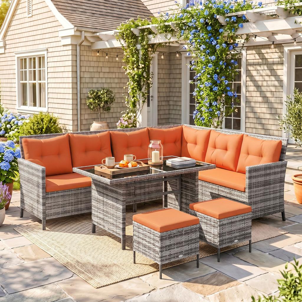7-Seater Patio wicker Sofa Set Rattan Chair Furniture w/ Glass & Cushioned, Orange