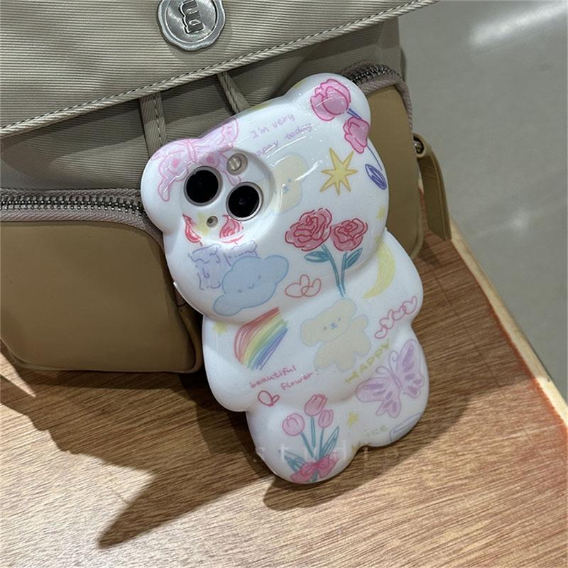 Korejský roztomilý graffiti květinový 3d kreslený obal na medvěda pro iphone 14 13 12 11 Pro Max Lovely Animal lesklý nárazuvzdorný měkký kryt Funda