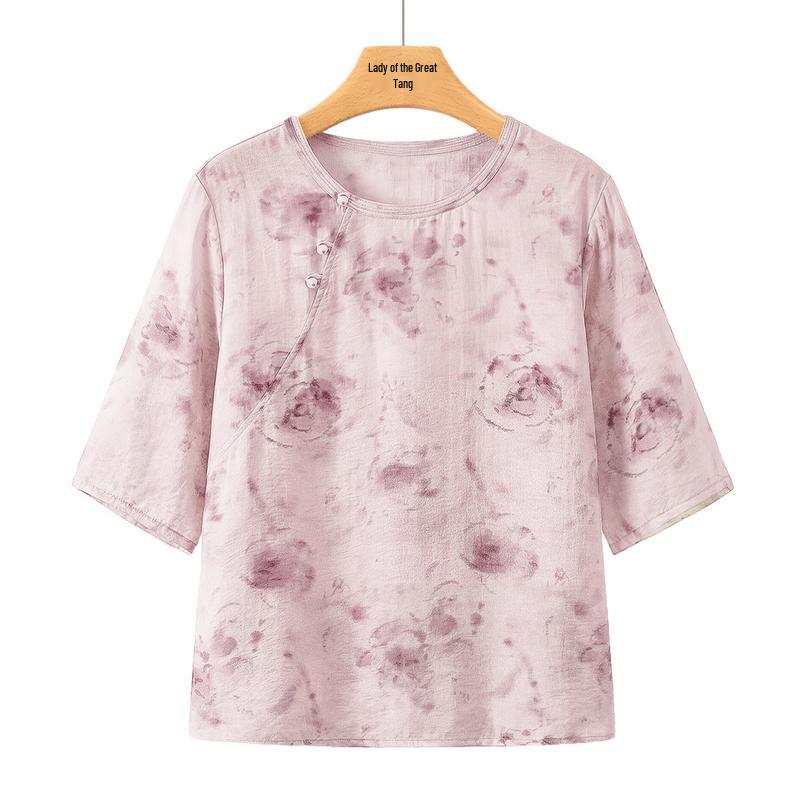 Mid-Aged Women s New Chinese Style Ink Print T-shirt 3XL