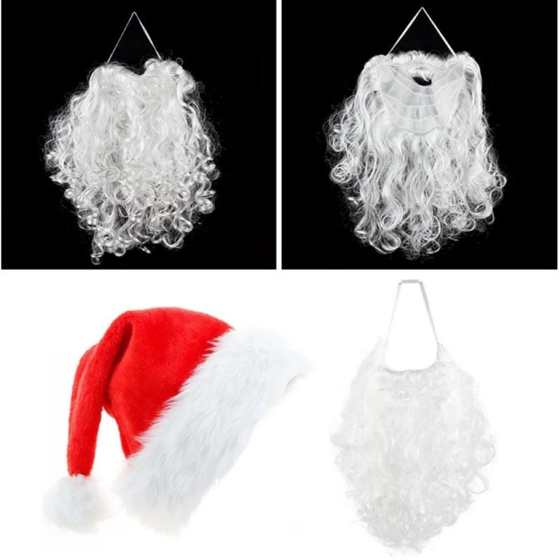 Santa Claus Long Curly Beard Adult Beard White Fake Beard and Santa Hat New Year Party Christmas Decoration Cosplay Prop Set