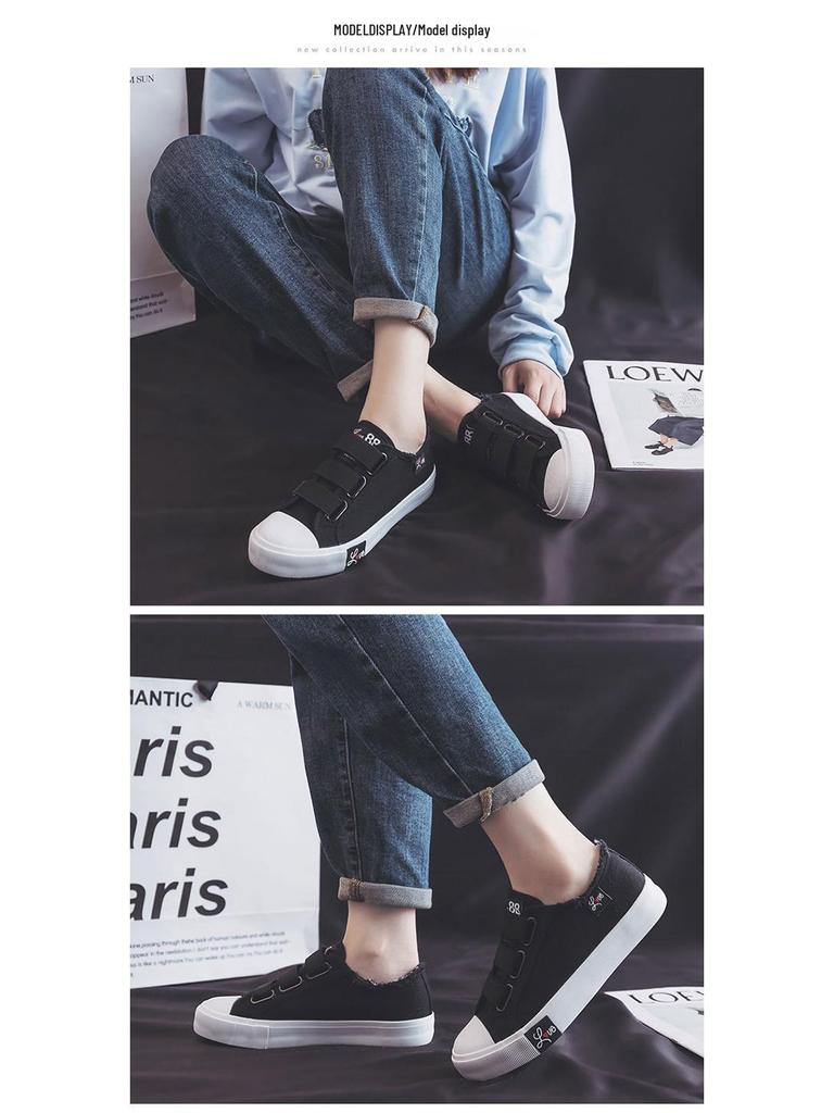 Dámské plátěné tenisky na suchý zip v korejském stylu - Ulzzang trend 2024, ležérní studentské bílé boty