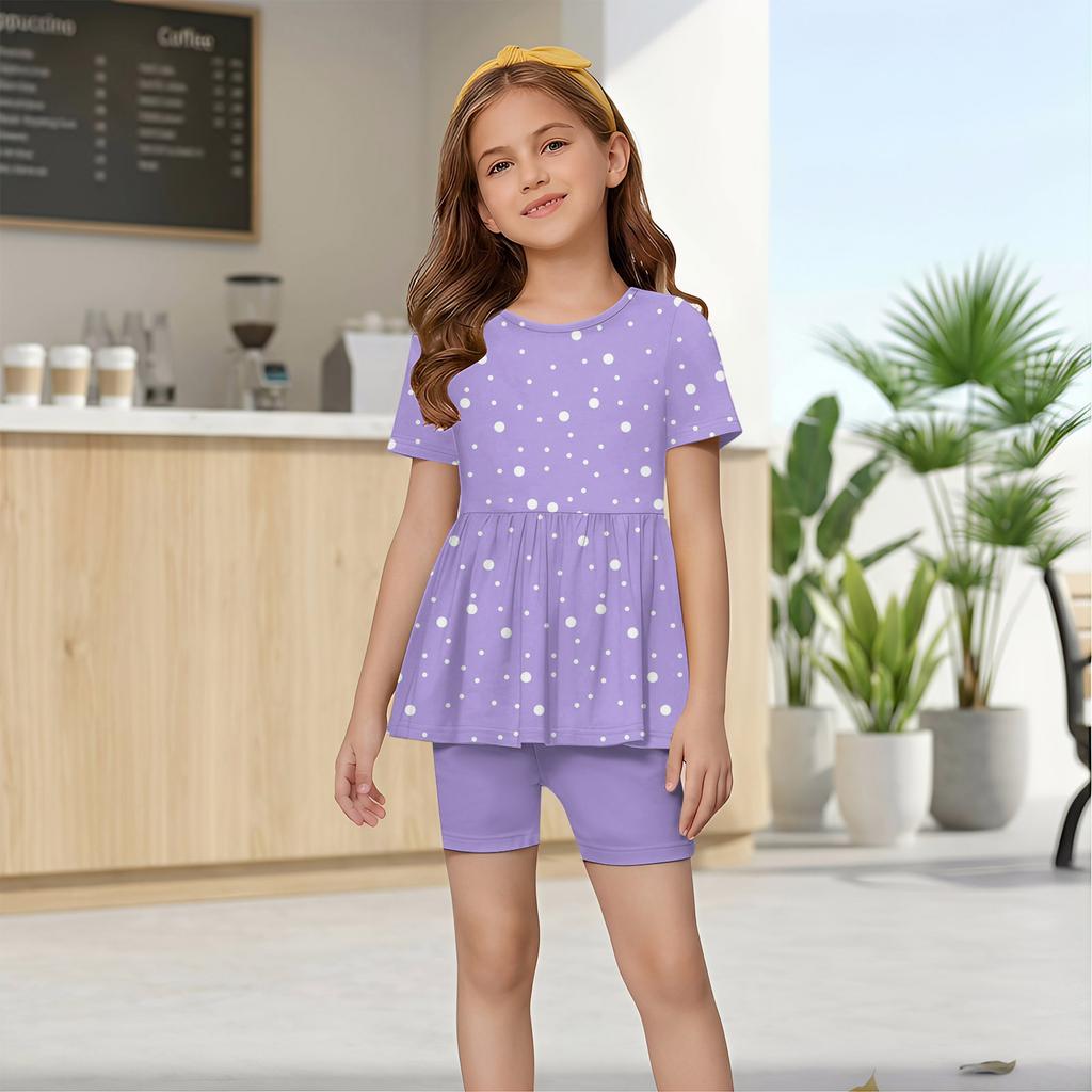 Completo Estivo per Bambina Set Top a Maniche Corte con Volant e Stampa Pois e Pantaloncini Due Pezzi Abbigliamento Casual per Bambini