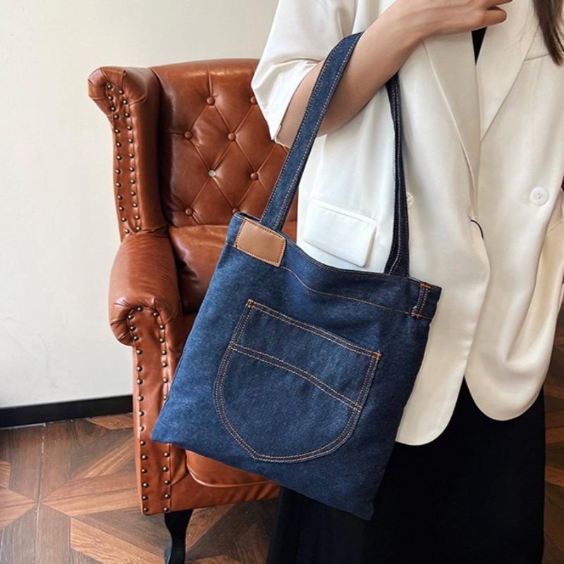 1pcs Retro Denim Shoulder Bag Large Capacity Shopping Tote Lightweight Outdoor Travel Daily Commuter Handbag