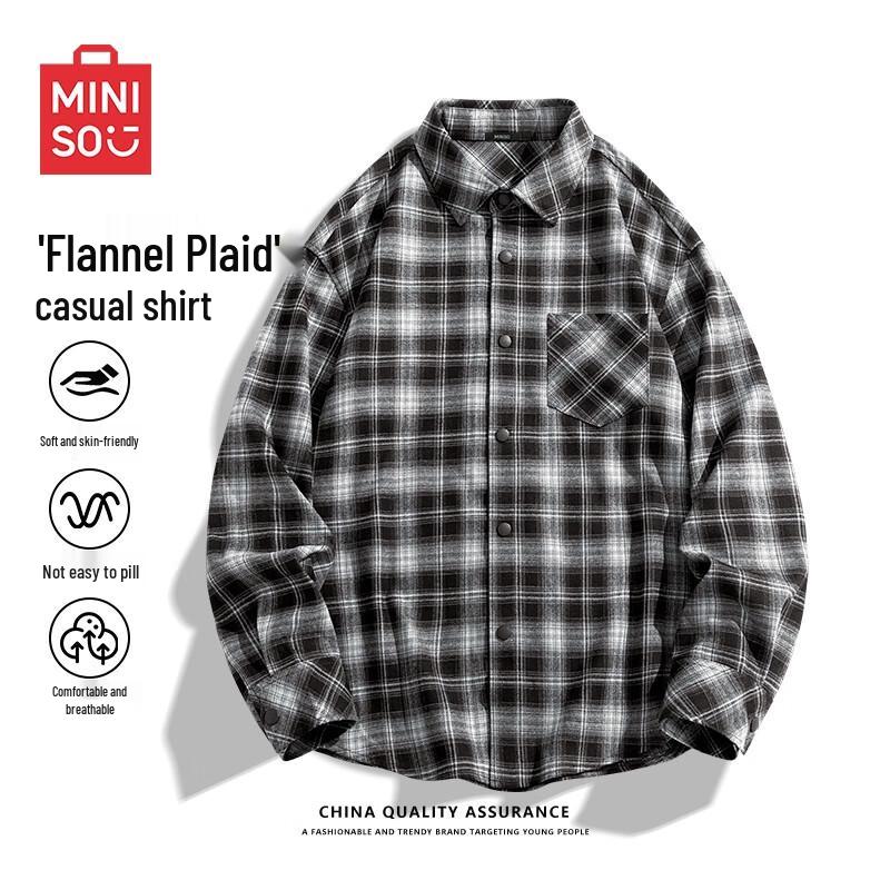 

MINISO Men s Retro Flannel Plaid Long-Sleeve Workwear Shirt 2XL