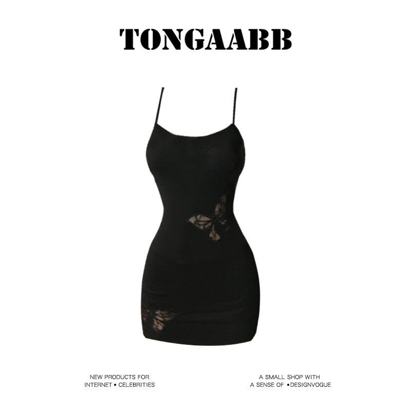 Tongaabb Sexy Sexy Cut Out Embroider Butterfly Black Sling Dress Women s Spring and Summer Slimming Hip Skirt Black S