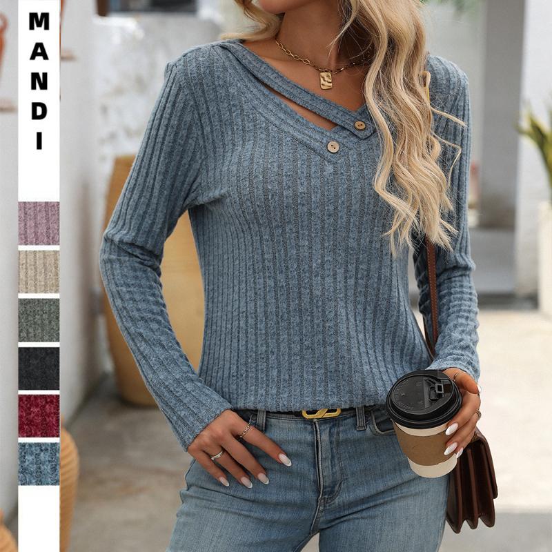 Women's Autumn Winter New Loose Casual V-Neck Button Tops Pit Striped T-Shirts for Women