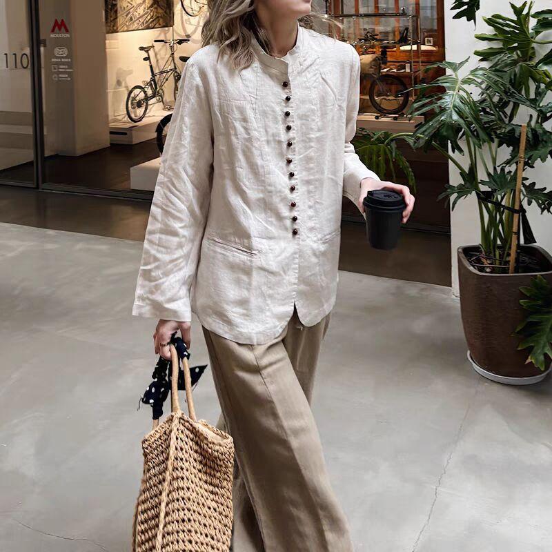 Spring Autumn Women Solid Long Sleeve Stand Collar Loose Shirt Vintage Single Breasted Cotton Linen Casual Blouse Tops
