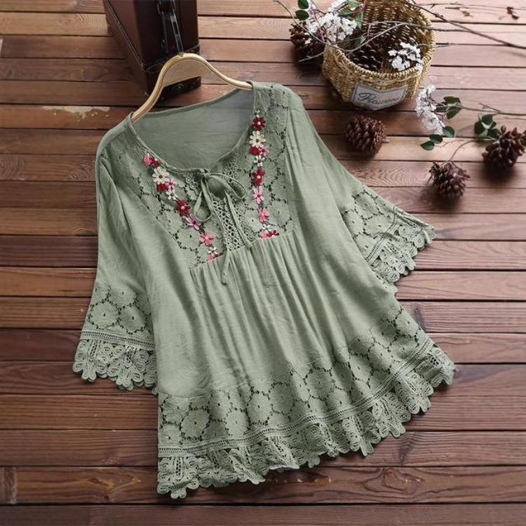 Summer Elegant Holiday Blouse Women Casual Loose Top Cotton Linen Stitching Lace Flower V Neck Solid Tops Shirt