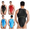 S-XXL Men‘s Oil Shiny High Cut Bodysuit Swimsuit Color Block Seams Sleeveless One Piece Beach Sunbathing Wear