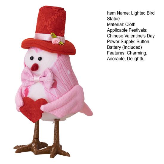 Valentine's Day Bird Figurines Lighted Couple Birds Statue Tabletop Standing Fabric Birds Ornament for Tiered Tray Table Shelf Mantel Fireplace Decor