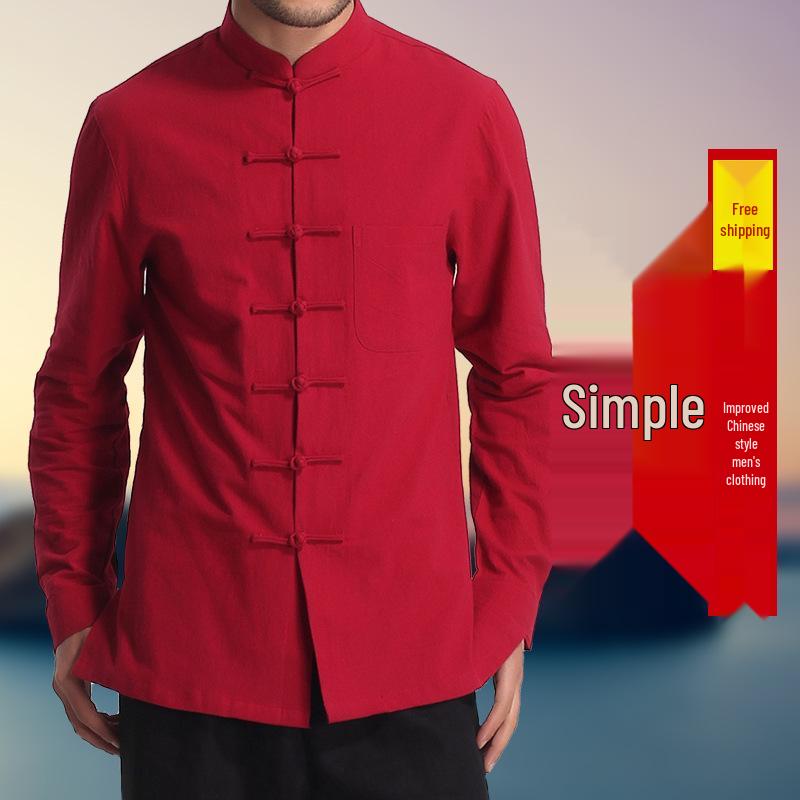 

Мужская рубашка в этническом стиле ретро тан - чистый хлопок, застежка-лягушка, воротник-стойка S красный