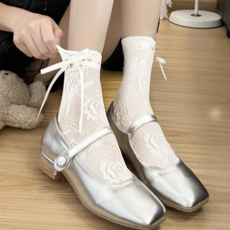 Lolita Jk Sweet Strap Bow Lace Socks Women Sexy Hollow Out Fishnet Flower Mesh Breathable Sock Rose Pattern Princess Short Socks