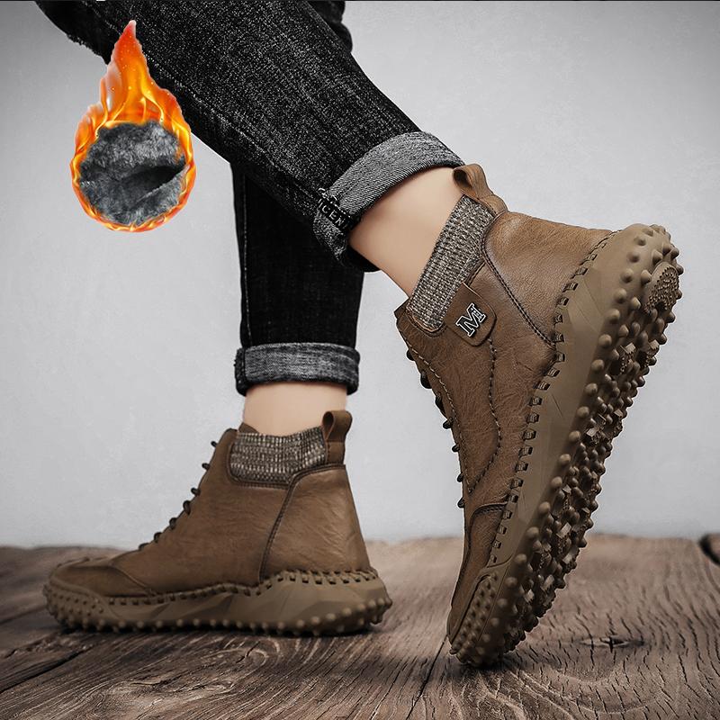 Mens Classic Winter Men's Boots Real Leather Plush Warm Men's Snow Boots Waterproof Outdoor Roman Men Work Boots Men Motorcycle Boots