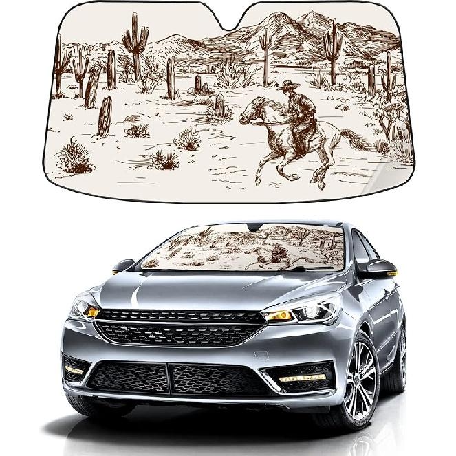 Wild West Desert with Cowboy Car Windshield Sunshade,Folding Sun Shade Auto Sun Visor Heat Protection Front Window, Car Sunscreen Blocks UV Rays and 2023021405
