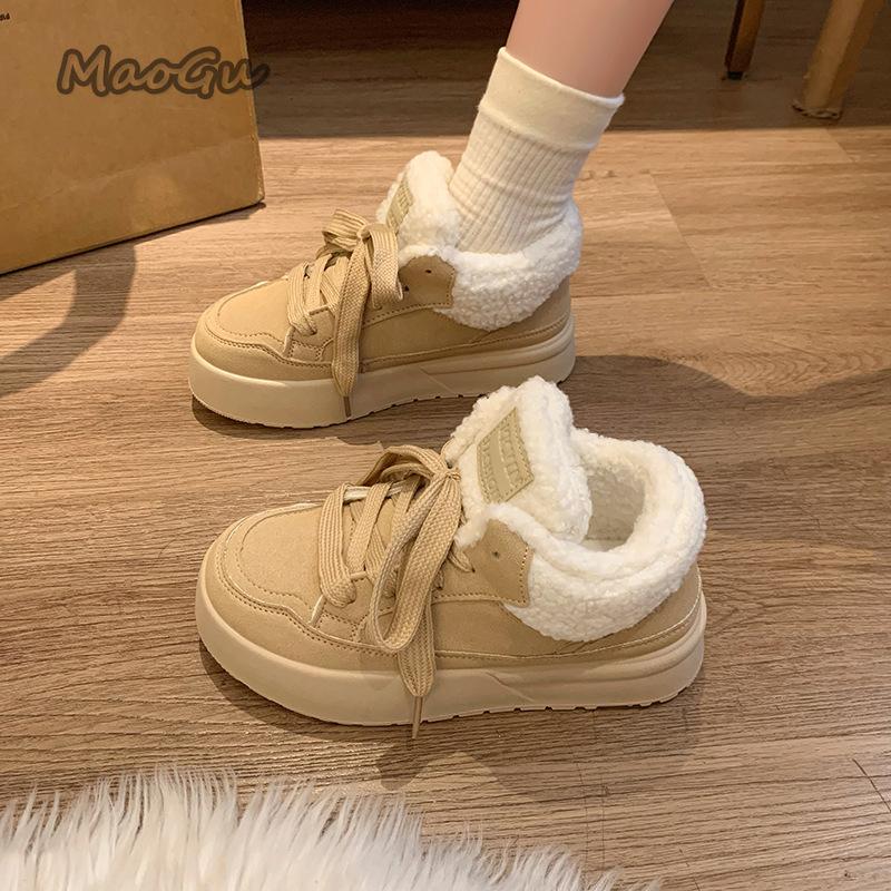 Platform Lace-Up Plush Cotton Shoes Women's Winter Outdoor Faux Fur Lined Thickened Anti-Slip Low Top Snow Boots Casual Sneakers
