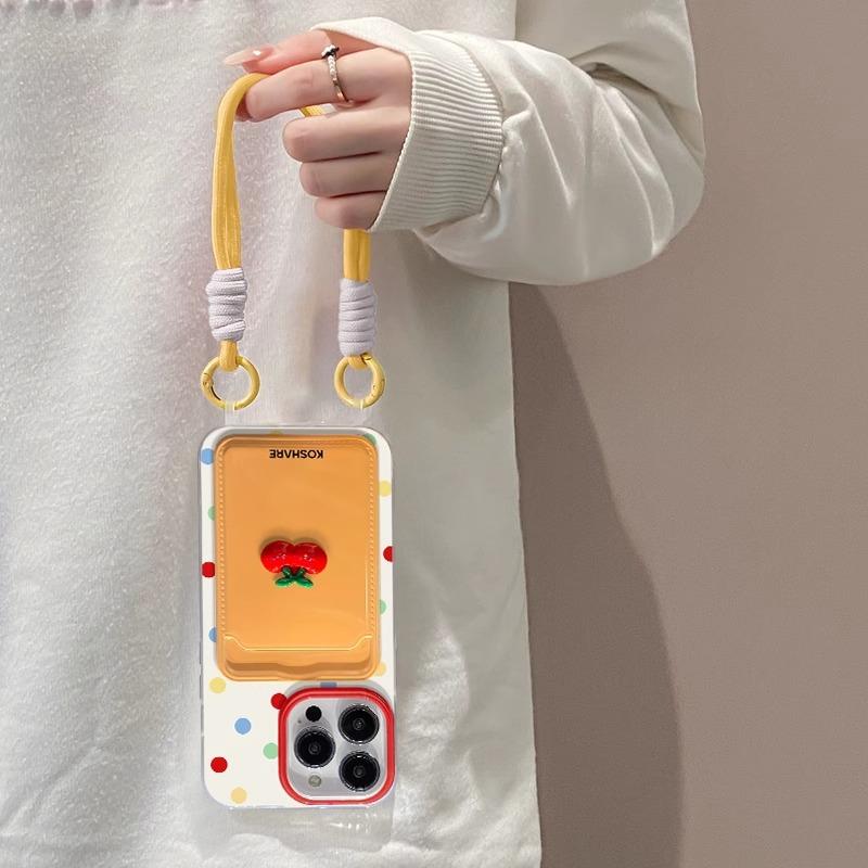 Three-dimensional Cherry Dolls Suitable for Apple 16PRO Mobile Phone Case IPhone 15 Card Bag Lanyard 14/13 Transparent Silicone