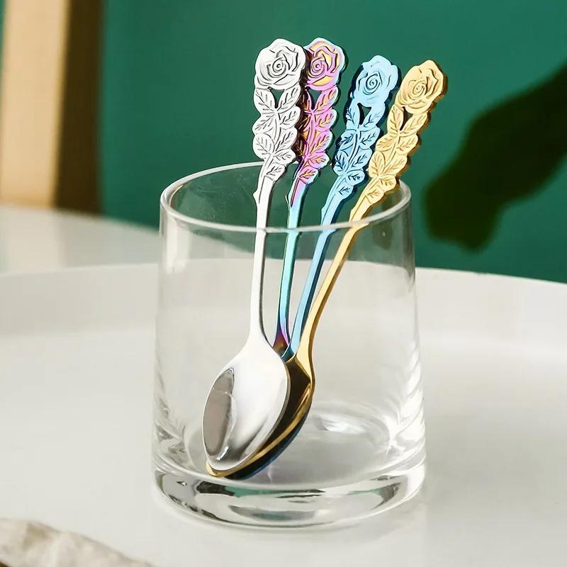 1 Pc Stainless Steel Rose Spoon Flower Handle Coffee Tea Small Stirring Ice Cream Dessert Spoon Household Kitchen Supplies