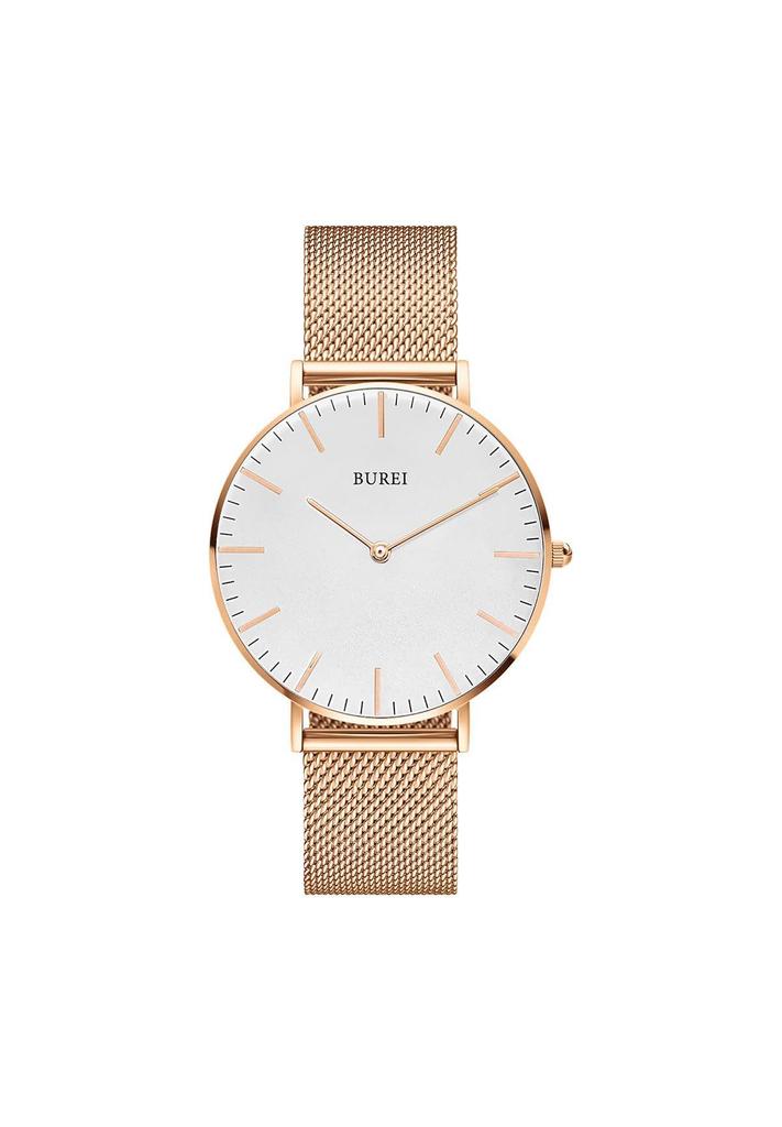 BUREI Analoge Quarzuhr mit wasserdichtem Netz, stilvoll und beliebt für den Weg zur Arbeit, schlank und leicht, Rosé-Edelstahl-Armband für Damen, Freizeit, Schule,