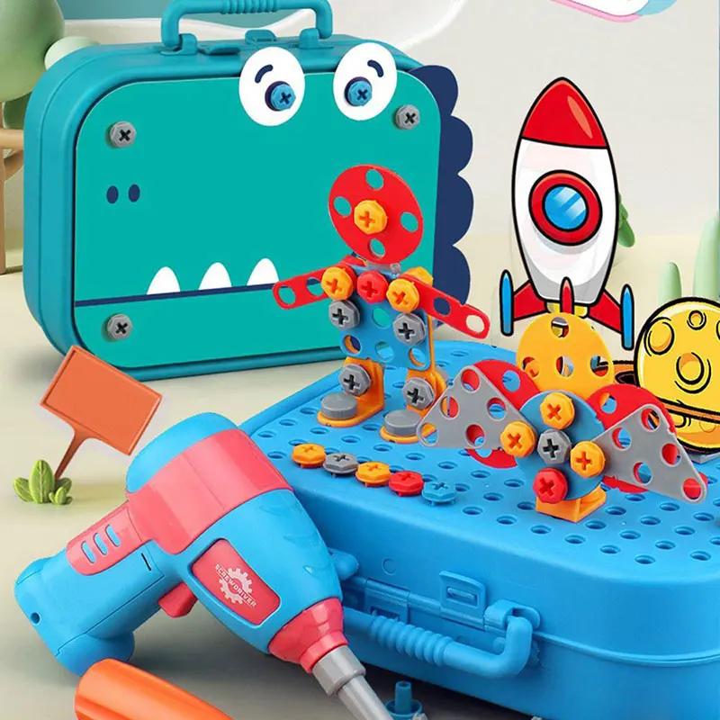 Non-Toxic 211-351Pieces Children Tool Set Electric Drill Screw Nut Puzzle Toys Pretend Play Dinosaur Drilling Assembly Educational Toy Children