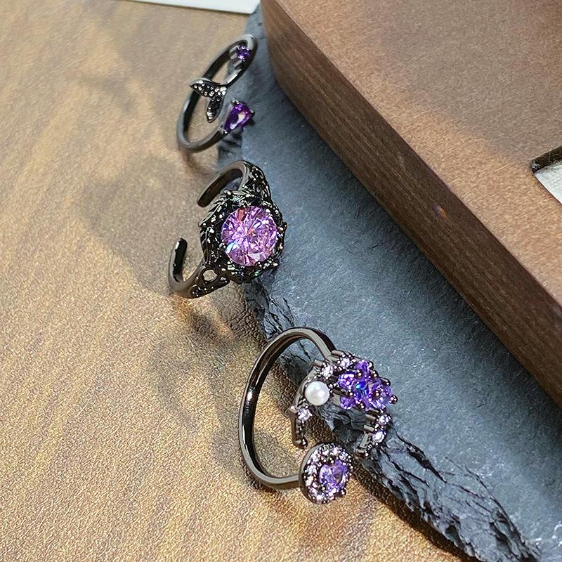 Punk Dark Personality Sweet Cool Moon Fishtail Full Diamond Open Ring Spice Girl Niche Treasure Premium Sense Ring Girl