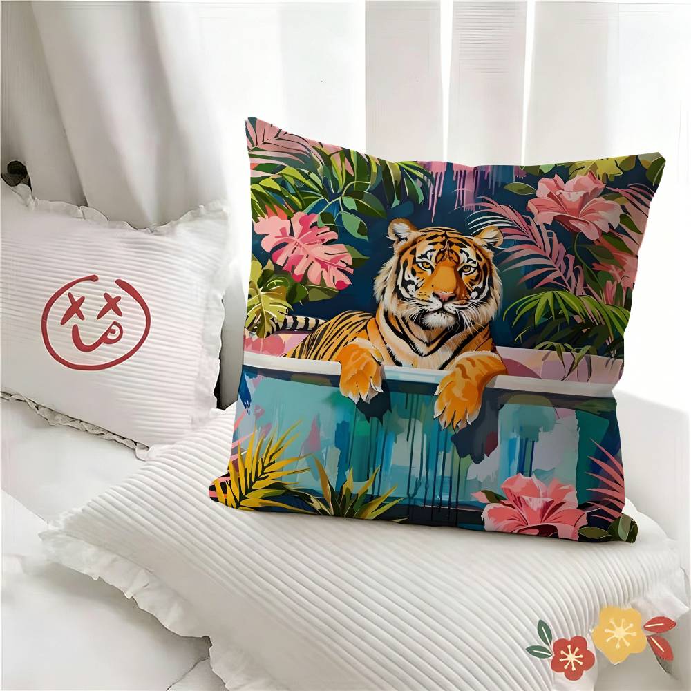 pc Colorful Bathtub Animal Tiger Pillow Case Fashion Square Pillowcase Bedroom Sofa Room Ins Decoration Leisure