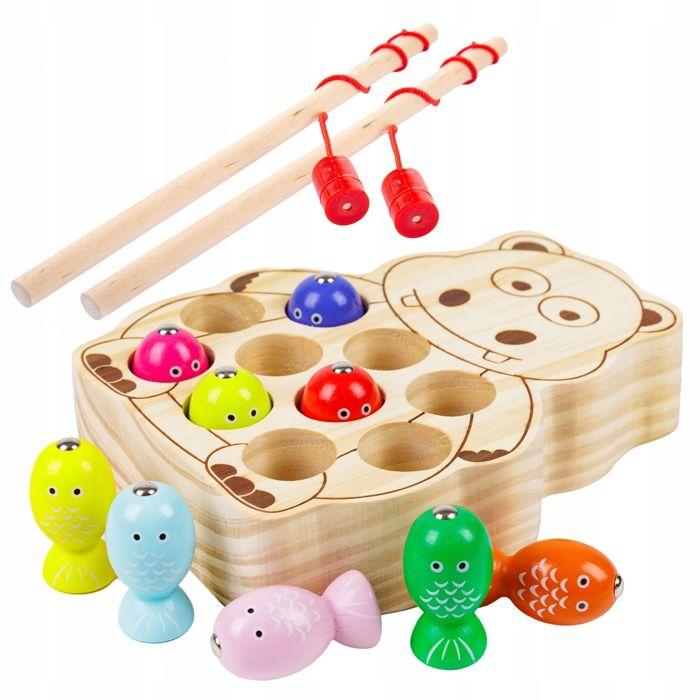 Jeu D'adresse En Bois Pêche À La Ligne Magnétique Hippo, 2 Cannes Et 10 Poissons (GS6081)