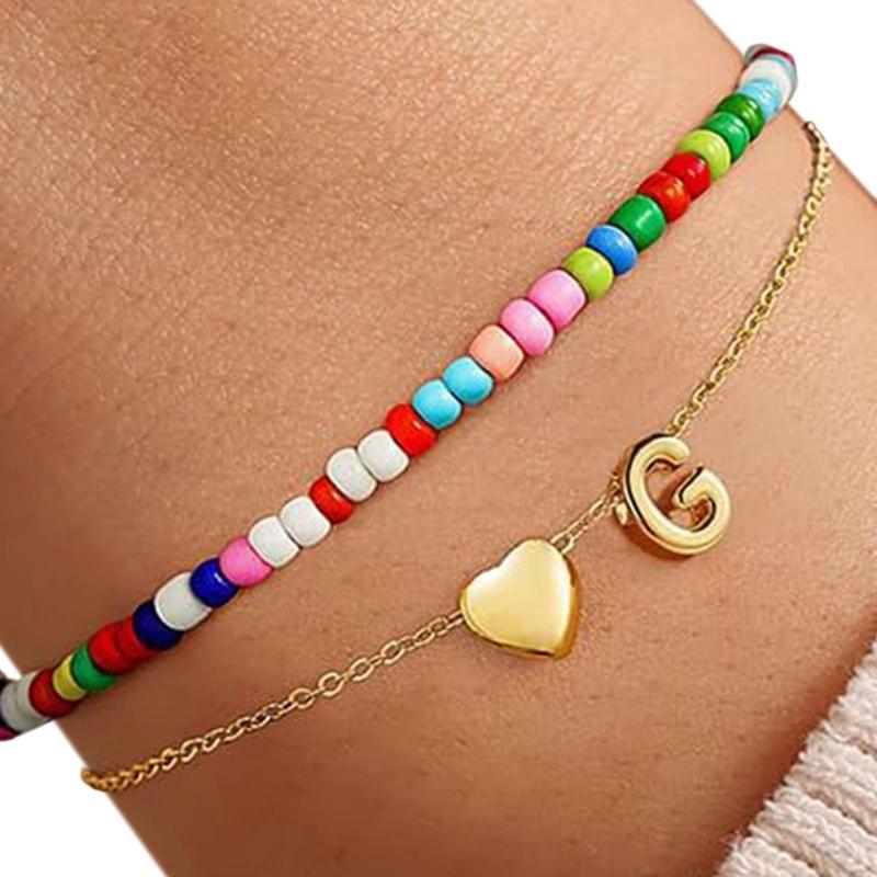 Double Layer Heart Beaded Bracelet Feature Initial Charm Letter Fashion Copper Jewelry Gift For Teen Girls Women