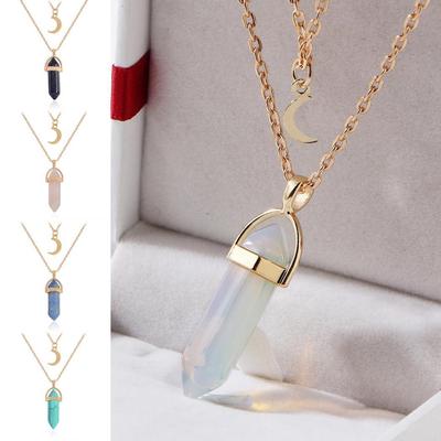 Women's Stylish Moon Hexagon Prism Stone Pendant Double Layers Chain Necklace