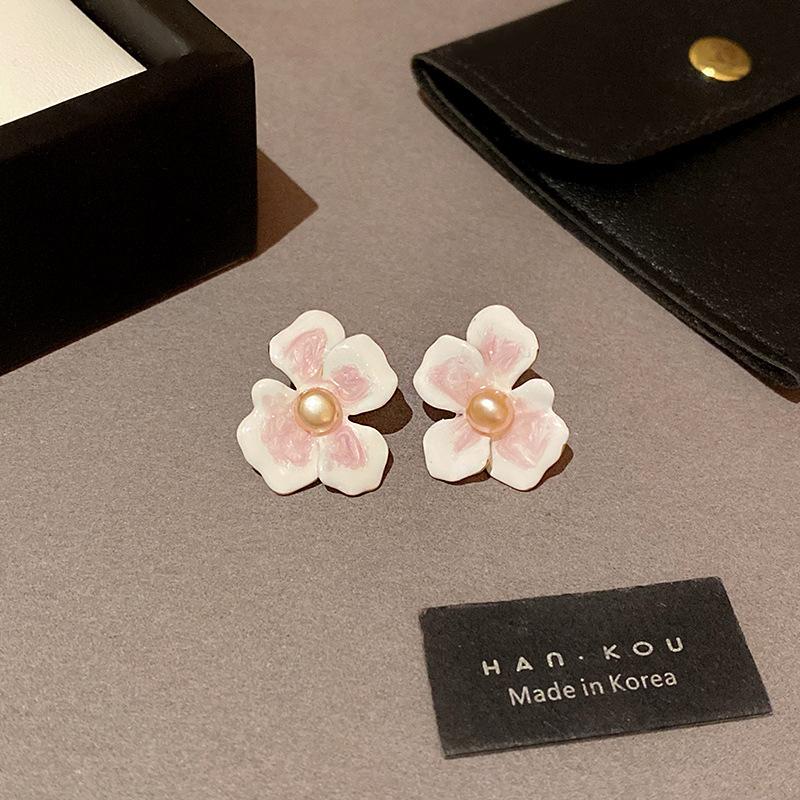 Sterling Silver Needle Drop Glaze Flower Earrings Female Dopamine Sweet Versatile Pearl Stud Earrings French Ears