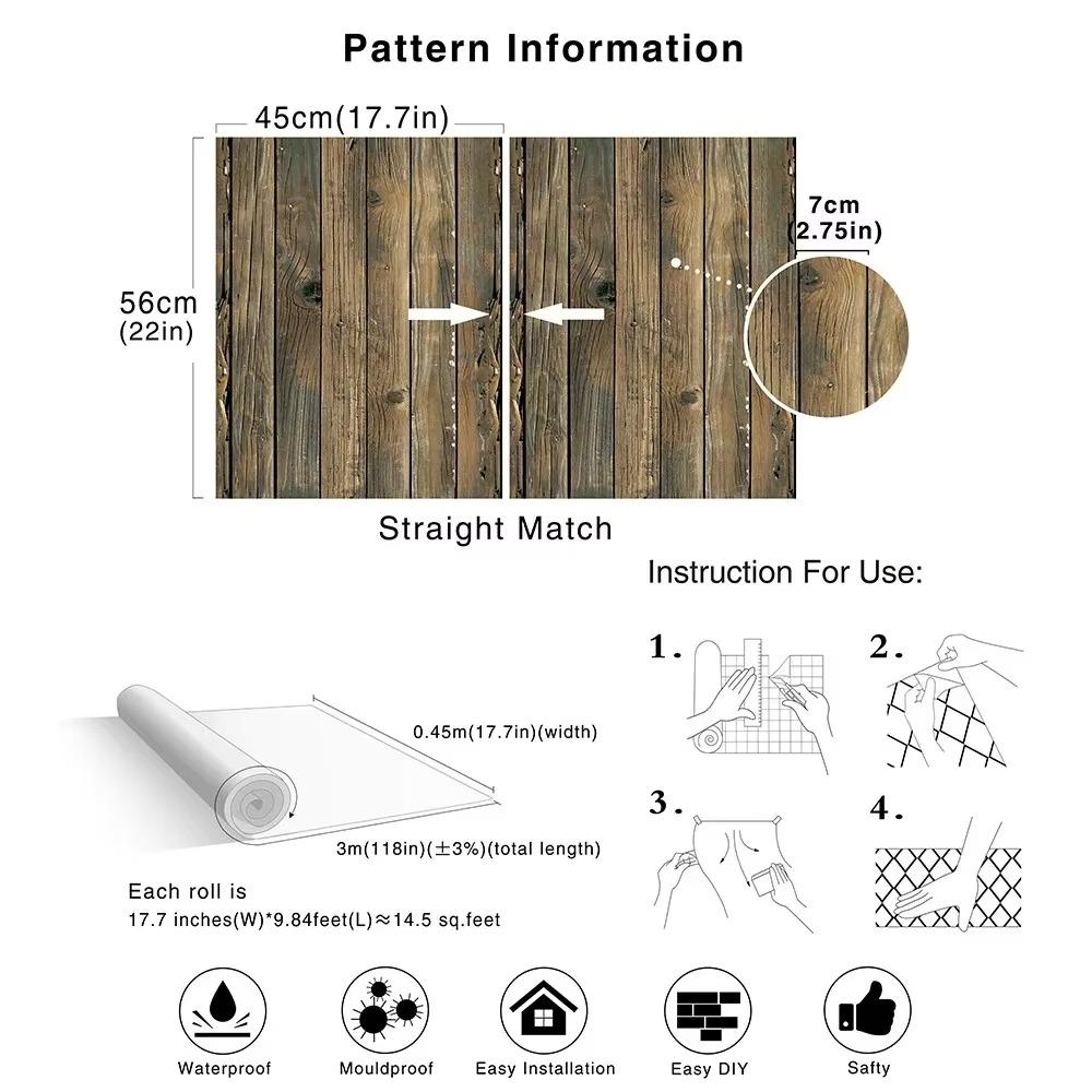 45cm Retro Faux Wood Grain Peel Stick Wallpaper Self-adhesive Wood Plank Wall Stickers Roll Removable Vinyl Wall Covering